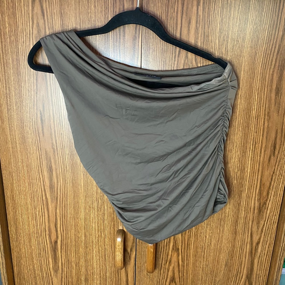 White Fox One Shoulder Top Women Size M Taupe Brown Ruched Asymmetrical Draped